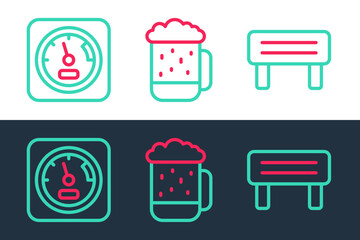 Set line Sauna wood bench, thermometer and Wooden beer mug icon. Vector