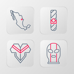 Set line Mexican wrestler, Poncho, Cigar and Map of mexican icon. Vector