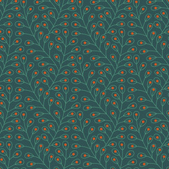 Seamless pattern with green plants and orange dots