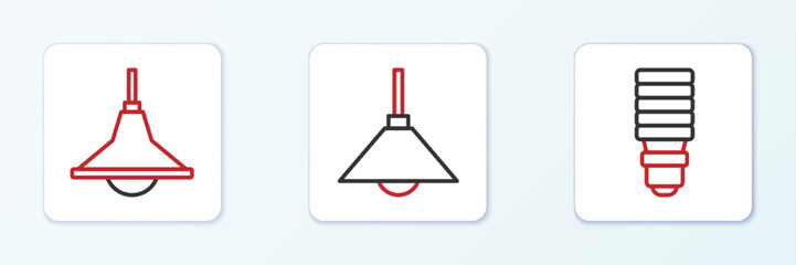 Set line LED light bulb, Chandelier and Lamp hanging icon. Vector