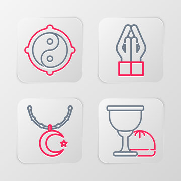 Set line Holy grail or chalice, Star and crescent on chain, Hands praying position and Yin Yang icon. Vector