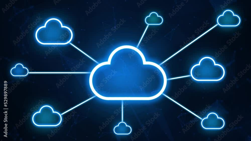 Poster cloud computing technology 4k animation background with glowing clouds and connecting with dots
