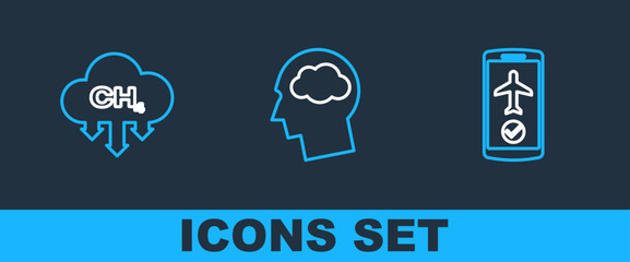 Set line Flight mode in the mobile, Methane emissions reduction and Head silhouette with cloud icon. Vector