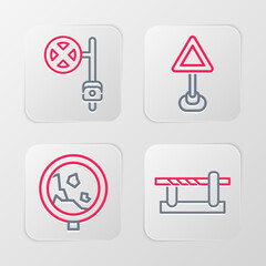 Set line Parking car barrier, Road warning rockfall, Triangle blank and Stop sign with camera icon. Vector
