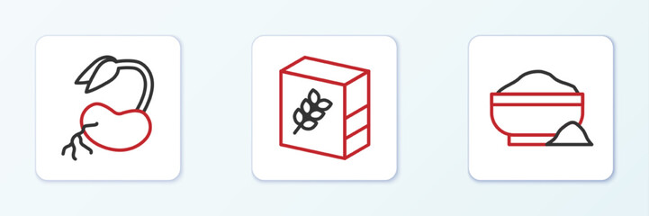 Set line Flour bowl, Sprout and pack icon. Vector