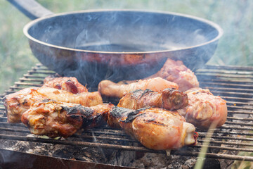 chicken drumsticks on a grill next to a frying pan in a clearing, side view