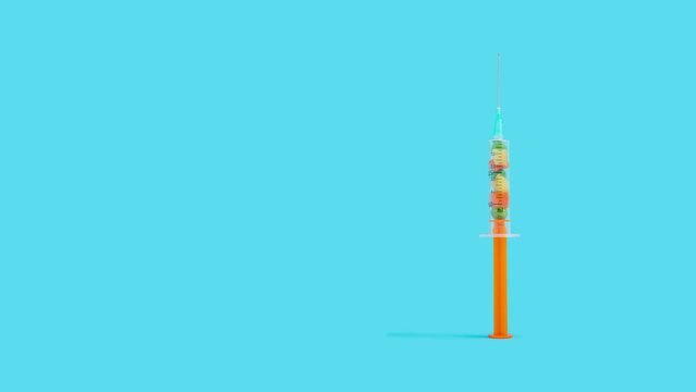 Creative minimal concept with syringe and vegetables inside on pastel blue background 4k.