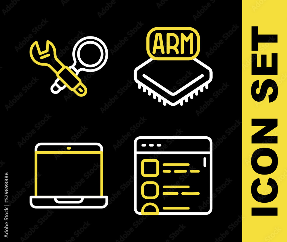 Poster set line processor, browser files, laptop and debugging icon. vector