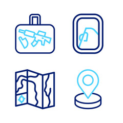 Set line Location, World travel map, Airplane window and Suitcase icon. Vector