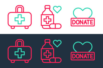 Set line Donation and charity, First aid kit and Medicine bottle pills icon. Vector