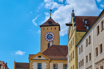 Fototapeta na wymiar The tower of the Old Town Hall (Altes Rathaus Regensburg), Bavaria, Germany