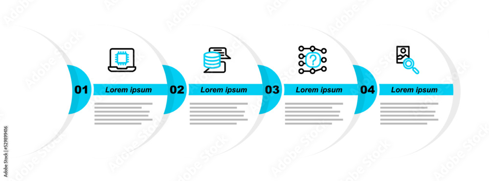 Poster set line photo retouching, neural network, server, data and processor cpu icon. vector