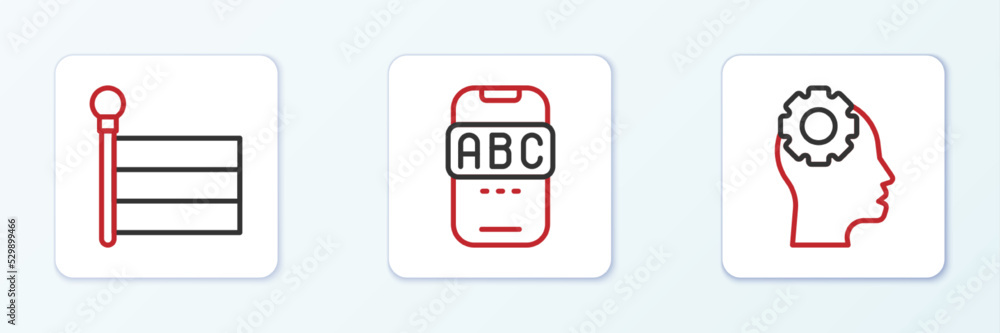 Poster set line head with gear inside, flag and foreign language online study icon. vector
