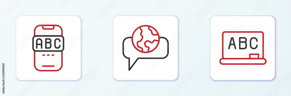 Poster set line chalkboard, foreign language online study and learning foreign languages icon. vector