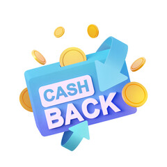 Cash back in the form of a piggy bank. With flying gold coins. Exchange or refund. 3d rendering illustration.