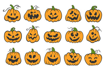Halloween orange pumpkins with faces. Happy Halloween design. Autumn decoration