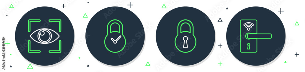 Poster set line padlock with clock, lock, eye scan and digital door wireless icon. vector