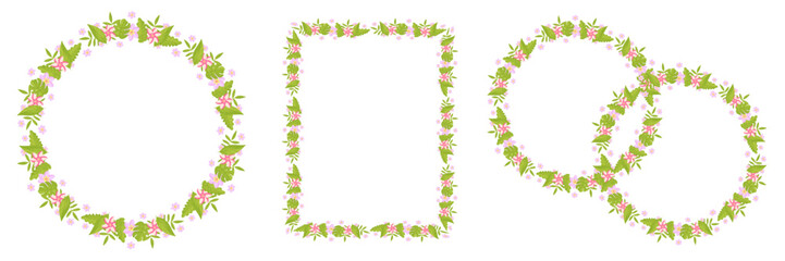 Wedding flower wreath with leaves on white background. Invitation frame with flowers and leaves. Flower rings. Vector illustration.