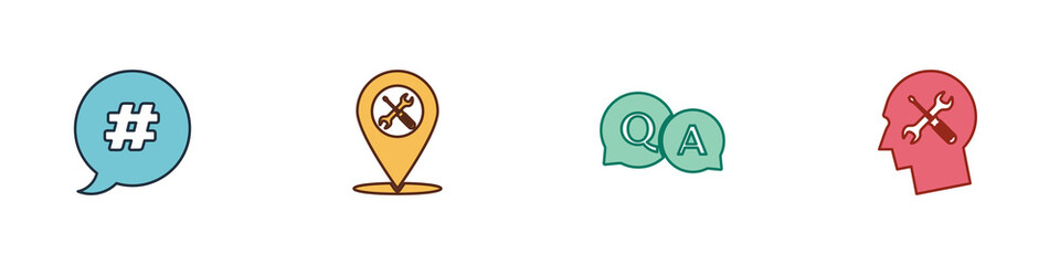 Obraz premium Set Hashtag speech bubble, Location service, Question and Answer and Human head icon. Vector
