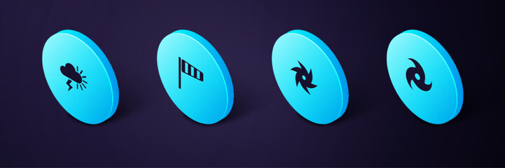 Set Isometric Tornado, , Cone windsock wind vane and Storm icon. Vector