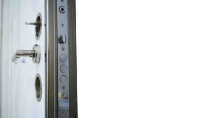 White steel door close-up. Door handle.