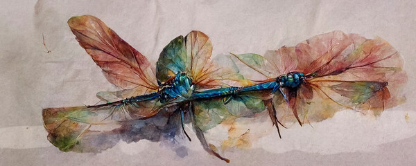 Fototapeta premium dragonfly watercolor multicolored splashes. Bright Watercolor Illustration of Colorfull Dragonfly. Hand Drawn Image of Insect. logo, card, drawing. Set with a dragonfly.