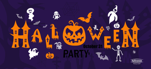 Halloween lettering with flying bats, pumpkin, ghost, web. Vector illustration