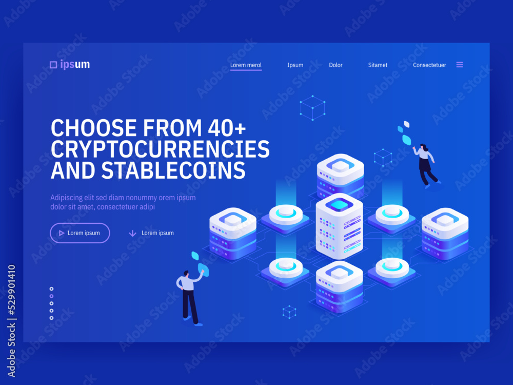 Poster choose from 40 cryptocurrencies and stablecoins isometric vector image on blue background. blockchai