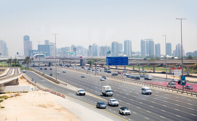 Dubai, UAE.  Sheikh Zayed road, the main road of Dubai view with cars and city centre at the background 