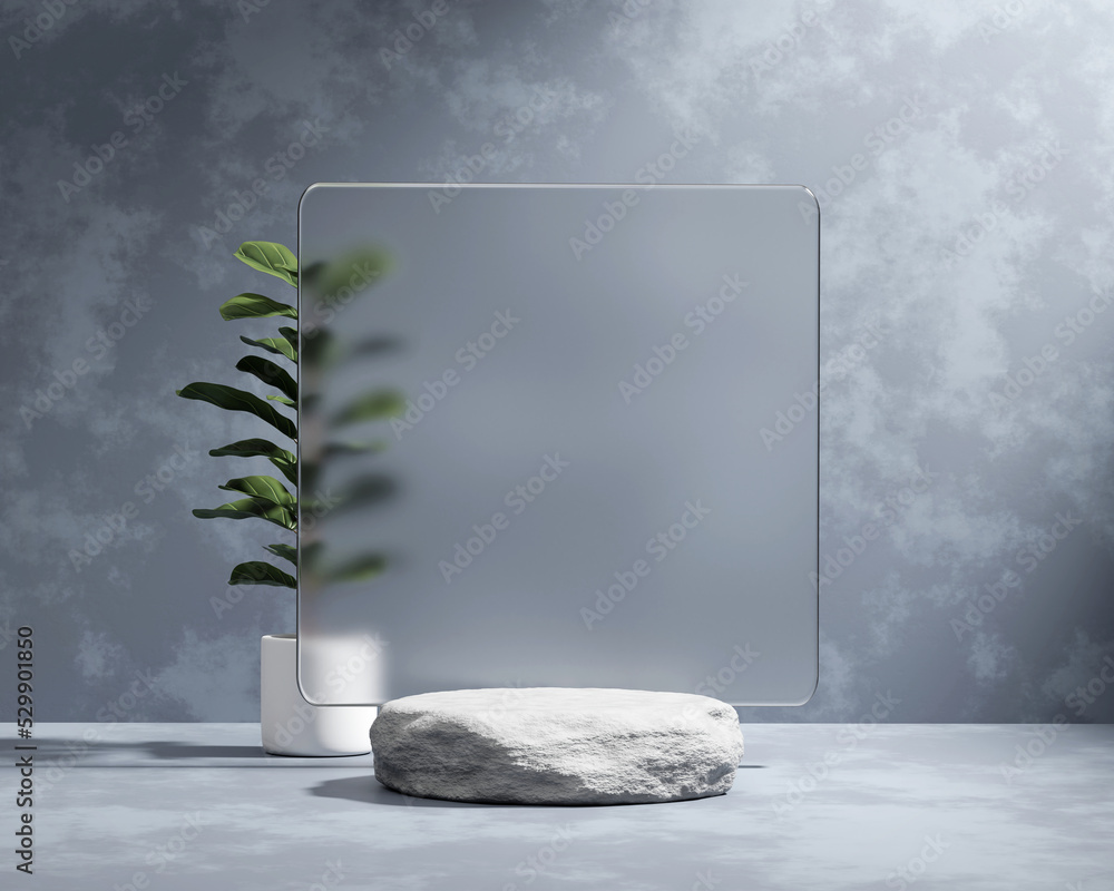 Poster Abstract Stone Platform Podium with Plant Product Presentation and Showcase Background 3D Rendering