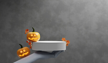Halloween pumpkin lantern and product display podium 3D rendering