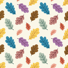Seamless pattern with cute hand drawn autumn oak leaves. Fall season colors palette. Fun floral background with foliage for apparel, fabric, wallpaper, textile, packaging, card, wrapping paper.
