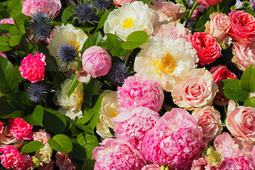 Luxurious bouquet, flowers background. Beautiful flower background with roses, peonies, eryngium,...