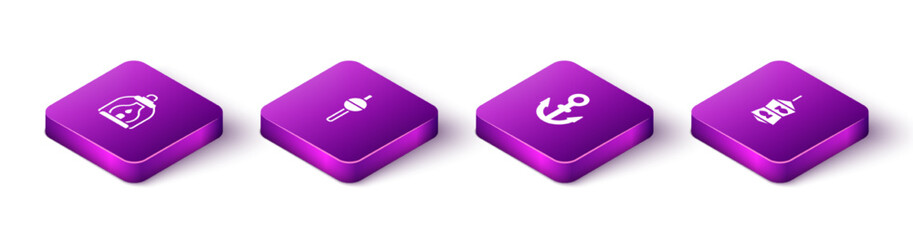 Set Isometric Camping lantern, Fishing float, Anchor and net with fish icon. Vector