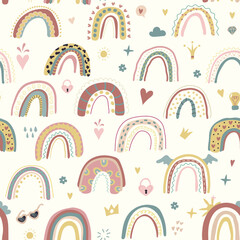 Seamless pattern cute rainbows on a light background. Magic rainbow. Vector illustration.