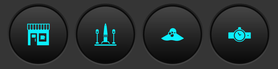 Set Coffee shop, Place De La Concorde, Elegant women hat and Wrist watch icon. Vector