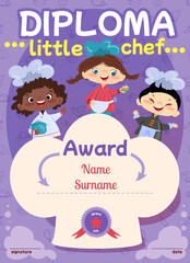 Cute kids cooking diploma design template with little chef cartoon illustration. Smiling boys and girl in kitchen apron and cap on certificate award. Flat template for cook school.