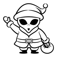 Cartoon illustration of Alien wearing Santa claus costume, greeting and carrying a bag of gift, best for sticker, mascot, and coloring book with christmas themes