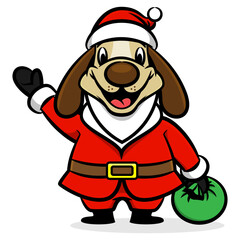 Cartoon illustration of Dog wearing Santa claus costume, greeting and carrying a bag of gift, best for sticker, logo, and mascot with christmas themes