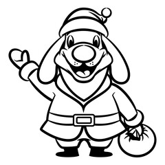 Cartoon illustration of Dog wearing Santa claus costume, greeting and carrying a bag of gift, best for sticker, mascot, and coloring book with christmas themes