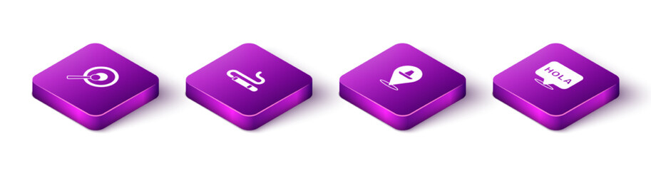 Set Isometric Gong, Cigar, Mexican sombrero and Hola icon. Vector © vector_v