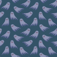 Seamless Halloween pattern. Cute ghosts flying on dark background.  Cartoon funny monsters. Holiday vector illustration.