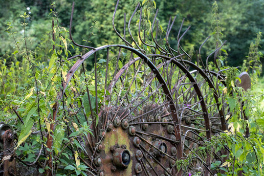 Old overgrown rusty farm equipment in Polish agricultural field