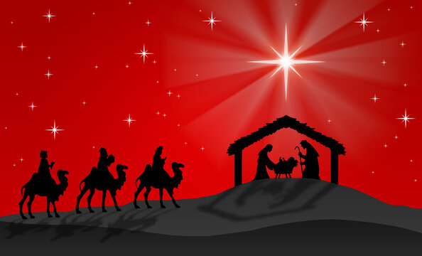 Red Christmas nativity scene: Three Wise Men go to the manger in the desert.