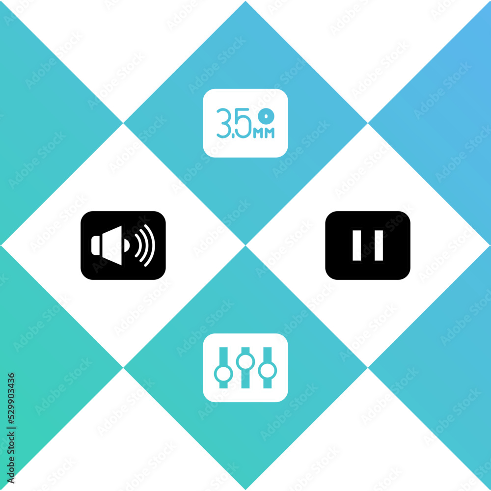 Poster set speaker volume, sound mixer controller, audio jack and pause button icon. vector