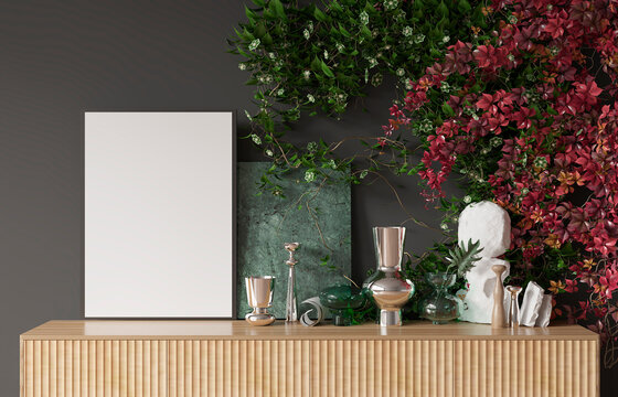 Mock up poster frame with decorative elements and vases on dark gray wall-background with plants. 3D render	