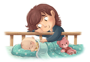 Illustration of sister looking at her baby brother in the crib while sleeping