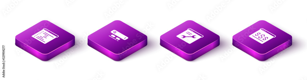 Poster set isometric browser window, search engine, setting and online shopping on screen icon. vector
