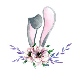 Watercolor illustration of rabbit ears. Rabbit with a delicate bouquet. Perfect for invitations, greeting cards, posters