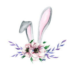 Watercolor illustration of rabbit ears. Rabbit with a delicate bouquet. Perfect for invitations, greeting cards, posters